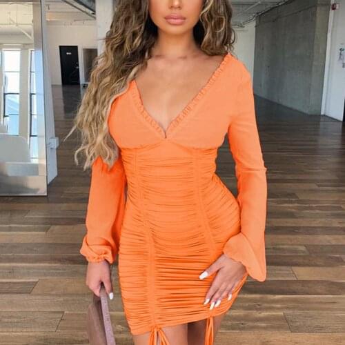 2021 Spring New Women Dress Sexy Long Sleeve Deep V Neck Backless Pleated Nightclub Bodycon Mini Dress Party Solid Streetwear