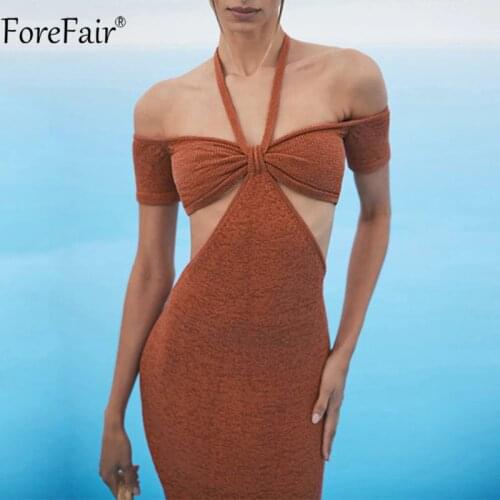 Forefair Summer Khaki Sexy Party Dress Halter Neck Hollow Out Bodycon Bandage Short Sleeve Women Black Y2k Knit Midi Dress 2021
