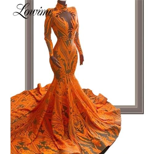 Robe Soiree Glitter Slim Mermaid Evening Dresses 2020 Couture Caftan Mariage Long Sleeves High Neck Arabic Dubai Party Gowns New