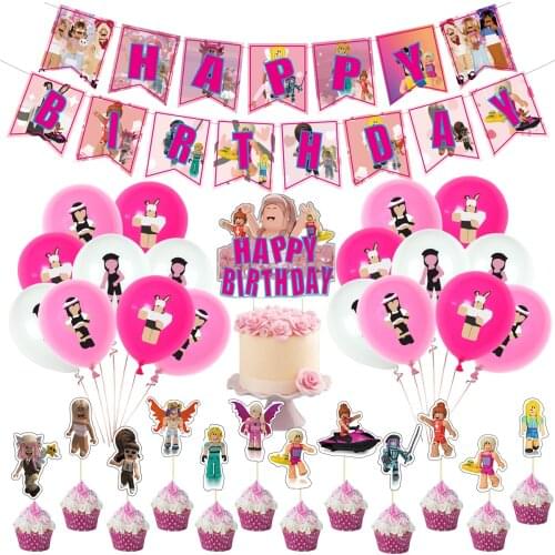 1Set Robloxs Girl Party Decoration Supplies Pink Pixel Robloxed Balloon Happy Birthday Banner Party Ballons Kid Game Cake Topper