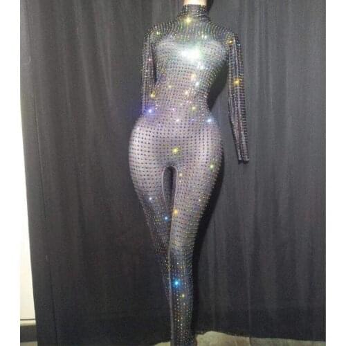 2021 Long Sleeve Flashing Rhinestone Jumpsuit Bar Prom Dance Bodysuit Birthday Celebrate Black Spandex Outfit Legging