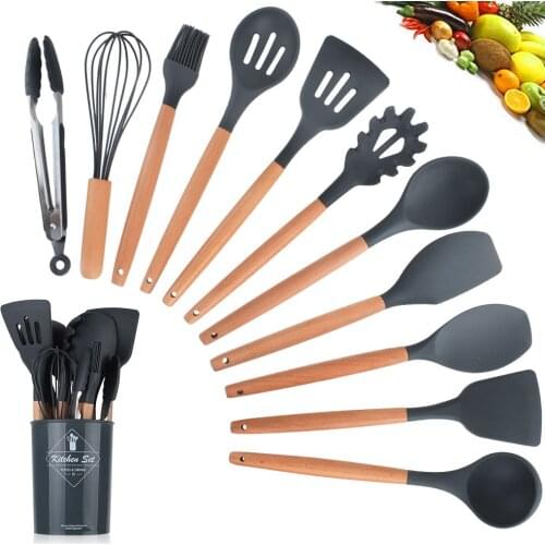 Black Storage Barrel Wooden Handle Silicone Kitchenware Set Non-stick Cookware Spatula Shovel Egg Beaters Kitchen Cooking Tool