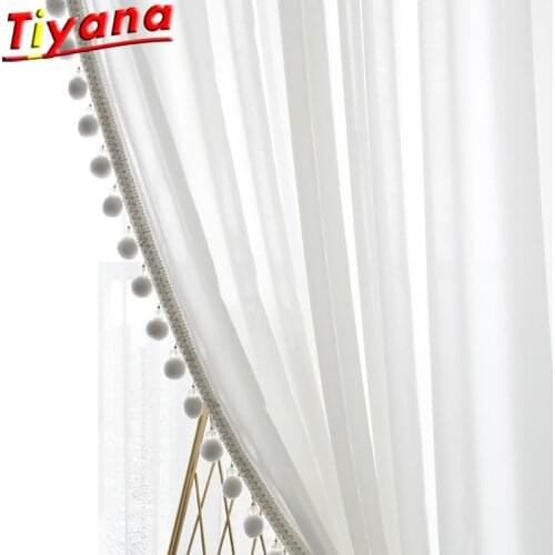 Pure White Chiffon Tulle Curtains for Living Room Side Balls Lace Semi-blackout Window Drapes for Bedroom Balcony*VT