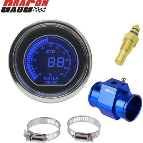 Dragon Gauge 52mm black Sunglasses White shell Silver Rim LCD car Water temp gauge Blue and Red Backlight Temperature Meter