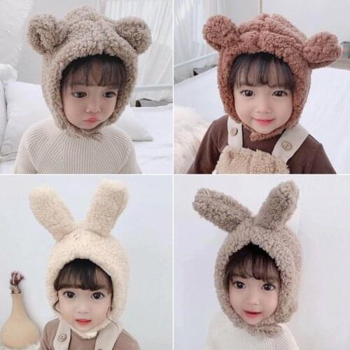 Baby Hat Autumn Winter Warm Plush Thicken Fleece Hats Hood Boy Girl Cute Bear Rabbit Ear Cap Adjustable Kids Photography Props