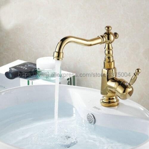 Kitchen Sink Faucet Gold Brass 360 Degree Turn Basin Faucet Water Tap Single Handle Cold and Hot Water Ngf003