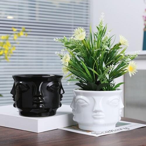 Creative White Black Porcelain Face Vase Pot With Drain Hole Tabletop Flower Plant Succulents Container Nordic Home Decorations