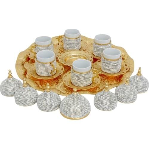 Turkish Greek Arabic Coffee Espresso Set for 6 Person Handmade Authentic Design Cups Saucers Lids Tray Delight Candy Dish Gift