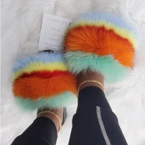 New Women Plush Fluffy Fur Slippers Girls Magic Fur Furry Slides Ladies Real Fox Fur Soft Flat Shoes Wholesale Drop shipping