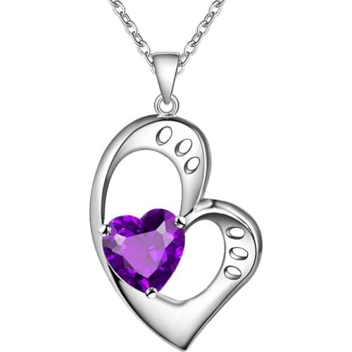 Wholesale Charm Silver Color Pendants For Women Fashion Jewelry Necklace Lady Fashion Jewelry Heart Inlaid Violet Stone AN062
