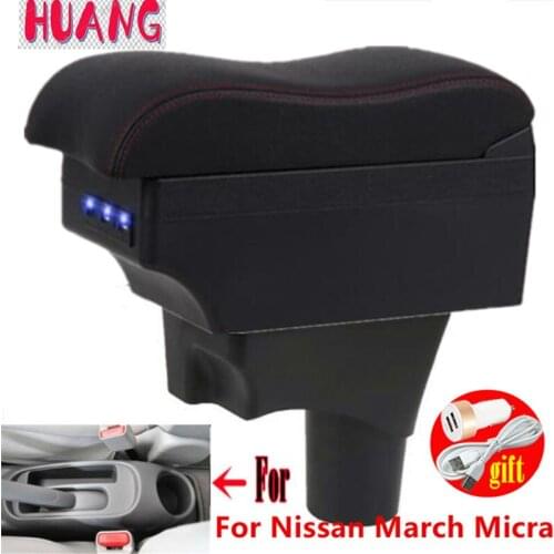 Armrest box For March Micra K13 MK4 IV Interior Parts Car Armrest box Retrofit parts Storage box with USB LED