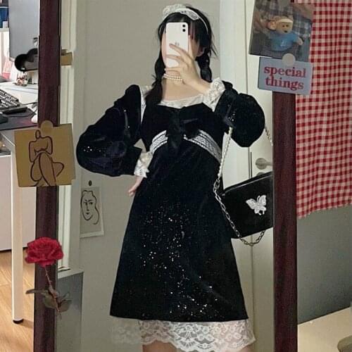 Waist-Controlled Slimming Gold Velvet Black Dress Womens Autumn and Winter 2021 New Korean Style Scheming swwet lolita Dress