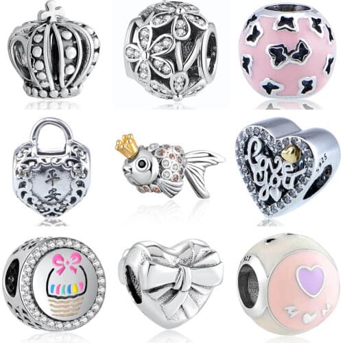 Authentic S925 DIY Jewelry Fish Good Luck Crown Love You Cake Bow Mom Charm fit Lady Bracelets