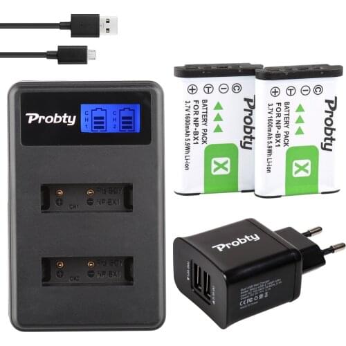 Probty 2pcs NP-BX1 NP BX1 Battery + Dual LCD USB Charger for Sony DSC-HX300 DSC-RX1R DSC-WX300 DSC-RX100 HDR-AS15 DSC-WX300