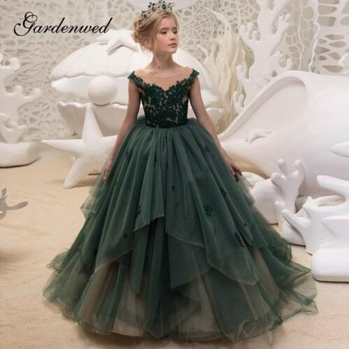 Green Ball Gown Flower Girl Dresses Tiered Tulle Girls Wedding Party Dresses Nude Lace Appliques Long Girls Pageant Dresses