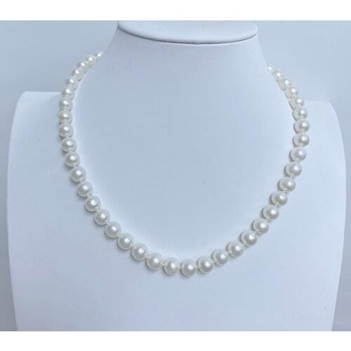 Fantipearl 9mm Natural Pearl White 925 Sterling Silver Chain Necklace Woman Engagement Wedding Jewelry Near Round Pearl Gifts