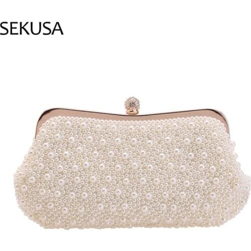 Beaded Party Women Day Clutch Pearl Shoulder Handbags Diamonds Embroidery Soft Pearl White Evening Bags