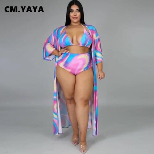 CM.YAYA Women Plus Size Set Print Halter Bra Tops High Waist Shorts Full Sleeve Long Cloak Three 3 Piece Sets Sexy Outfit Summer