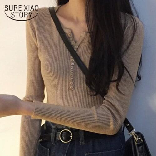 V-neck Long Sleeve Women Sweater Fall 2021 Chic Solid Cotton Sweater Pullover Slim Elastic Knit Bottoming Clothes Women 10305