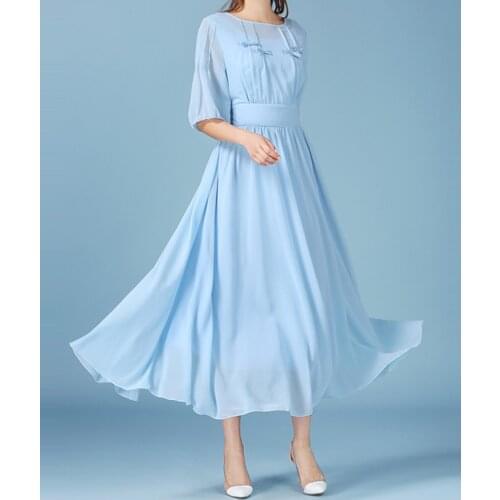 Women Long Chiffon Prom Party Dresses Ankle Length Scoop Girls Formal Evening Dress 2021 Half Sleeves A Line Bridesmaid Dress