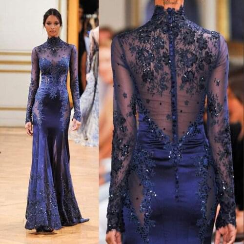 2019 Zuhair Murad High Neck Lace Formal Evening Dresses Long Sleeve See-through Beads Appliques Prom Celebrity Gowns Custom Navy