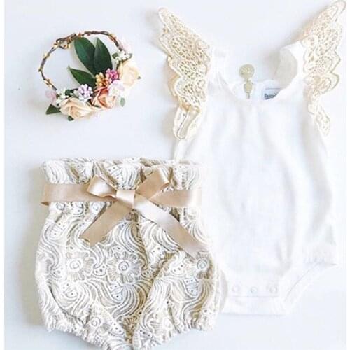 Cute Princess Girls Clothing Newborn Baby Girls Fly Sleeve White Bodysuit Tops Lace Flower Shorts 2PCS Outfits