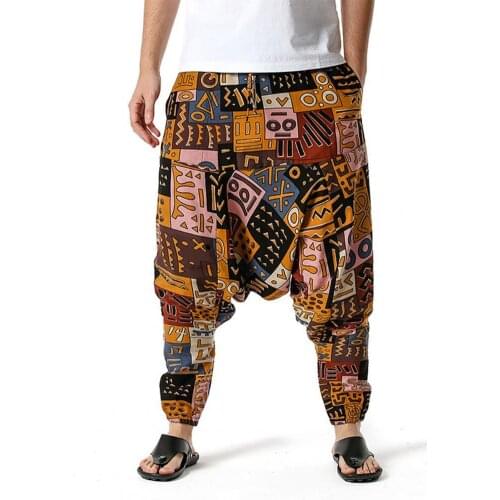 Summer Trousers Men Harem Pants Printed Drop Crotch Multi Pockets Loose Trousers for Beach Casual Pants