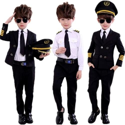 Childrens Day Pilot Uniform Stewardess Cosplay Halloween Costumes for Kids Disguise Girl Boy Captain Aircraft Fancy Clothing