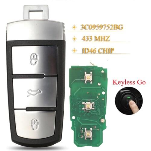 Kuttery 3 Buttons Remote Car Key Fob 434Mhz ID46 PCF7936 Chip 3C0959752BG For For Volkswagen Passat CC Passat