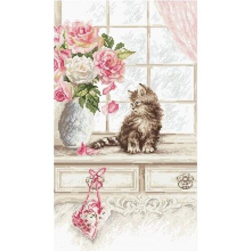 Eco-cotton Thread 11CT Stamped Print DIY Cat Pink Flower Handmade Cross Stitch Artwork Canvas Embroidery Kit Needlework Decor