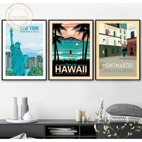 New York Hawaii Montmartre Canvas Painting Nordic Modern City Landscape Posters and Prints Art Picture Home Decor Living Room