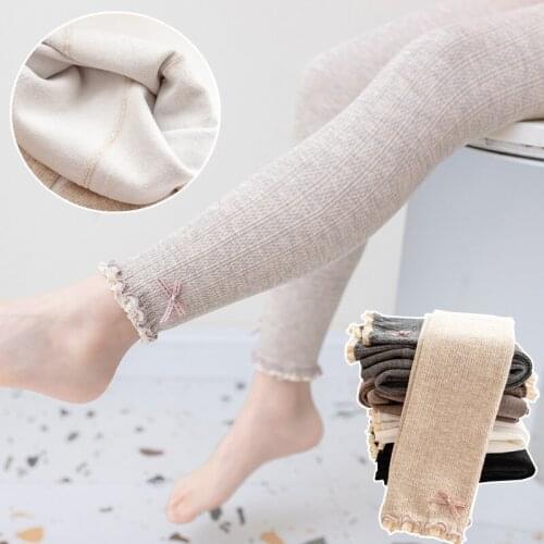 Girls Thin Plush Leggings For Children Solid Color Hot Warm Tights Autumn Winter Baby Pants Bowknot Lace Leggins 2-10Years