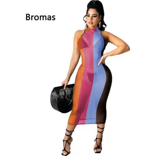 Summer Ladies Sexy Perspective Color Mesh Striped High Neck Sleeveless Party Nightclub Vest Dress