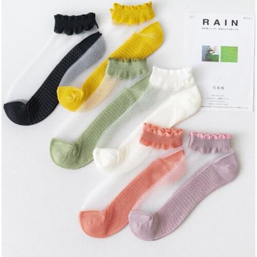 Summer Womens Ankle Socks Sexy Lace Cotton Socks Cute Kawaii Fashion Transparent Glass Silk Socks Thin Mesh Fishnet Lot 4 Pairs