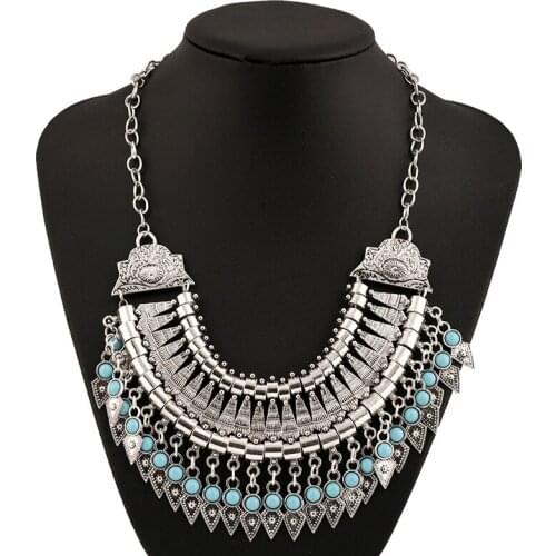 Trendy Maxi Choker Necklaces Women EthnicTassel Collars Fashion Statement Sweater Chain Geometric Carved Blue Stone Jewelry