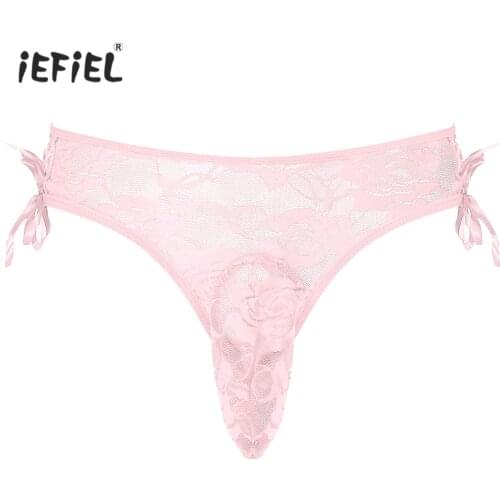 Mens Sissy Lingerie See-through Floral Lace Briefs Bowknot Decor Elastic Waistband Underwear Low Waist Bulge Pouch Underpants