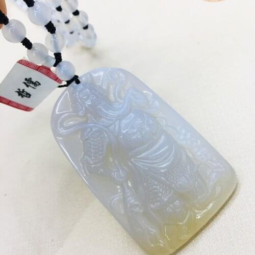 Natural Brazilian ice bottom chalcedony jade carving emperor two-color Guan Gong pendant with chalcedony beads necklace sweater