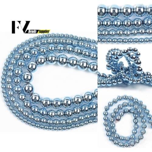 Natural Stone Light Blue Plated Hematite Beads For Jewelry Making Needlework Diy 4-10mm Round Loose Beads Bracelet Accessories