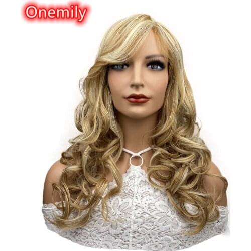 Onemily Long Wavy Heat Resistant Synthetic Wigs for Women Girls with Bangs Theme Party Out Fun Golden Blonde
