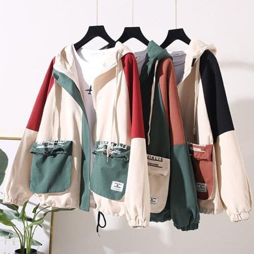 Spring Autumn Coat Women windbreaker Korean Loose Large Pocket Hooded Outerwear Tooling Trench Coat Large size Female Tops AH13