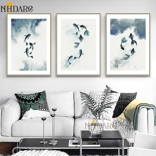 New Arrivals Chinese Style Simple Ink Goldfish Posters And Prints Canvas Painting Art Wall Pictures for Living Room Home Decor