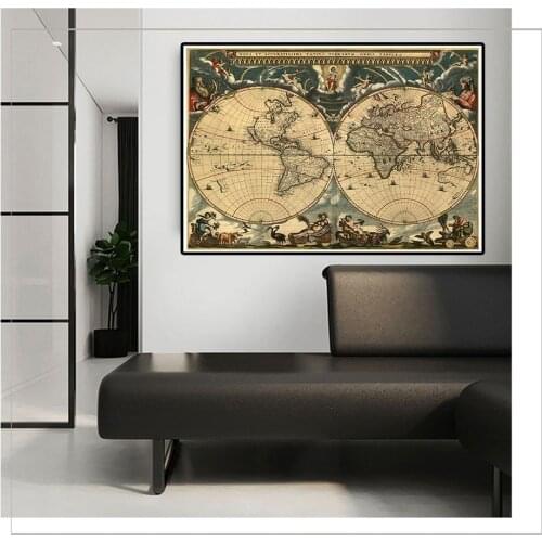 84*59cm Vintage Poster Retro World Map Canvas Painting Wall Art Picture Children Education Supplies Home Decoration