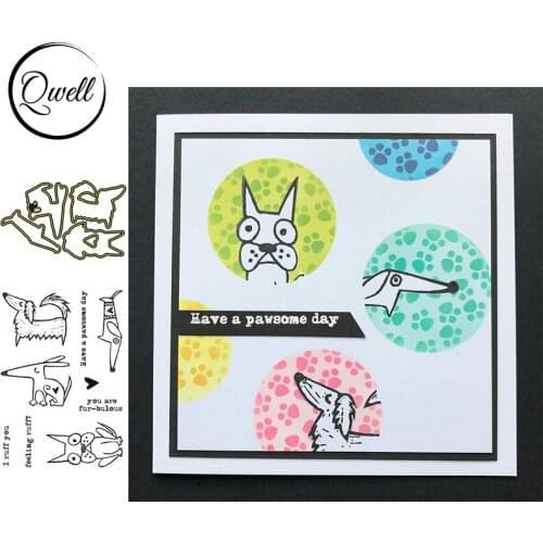 QWELL Furbulous Fox Dog Silhouettes Metal Cutting Dies With Coordinating Clear Stamps Words Have a pawsome day DIY Scrapbooking