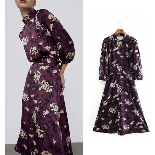 Za 2020 Vintage Fashion Women Dress Vintage Floral Print O-Neck Dress Long Sleeve Sashes A-Line Vestidos Mujer Chic Dresses