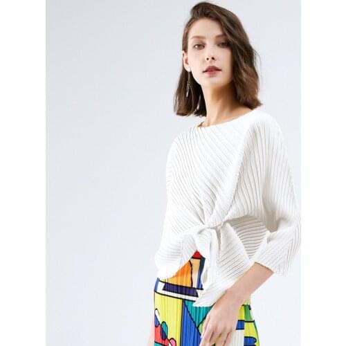 Miyake Pleated 2020 summer Slash neck irregular design top brands women clothing loose sleeves woman tshirts oversize