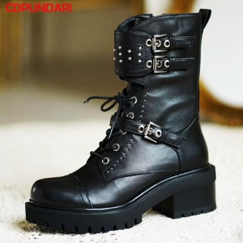 2021 Black Genuine Leather Chunky Platform Ankle Boots For Women Rivet Punk Martin Short Boots Shoes Bottines Femme