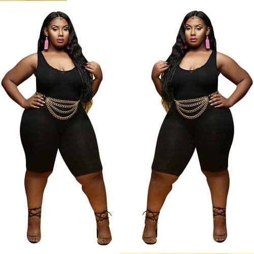 2021 Summer Women Plus Size Sleeveless Jumpsuits Fashion Sexy V-neck Skinny Solid Color Knee-length Rompers Hot Selling