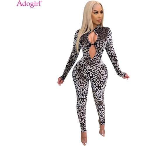 Adogirl Women Sexy Print Hollow Out Jumpsuit Autumn Winter Long Sleeve Bodycon Romper Skinny One Piece Night Club Overall