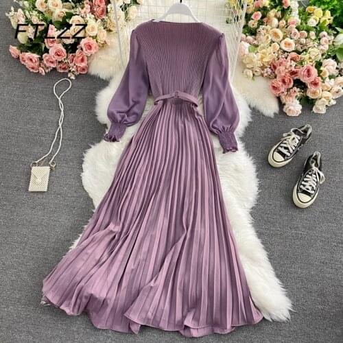 Women Elegant Pleated Long Dress New Spring Autumn Puff Sleeve Office Dresses Ladies Vintage Party Maxi Dress Vestidos Mujer