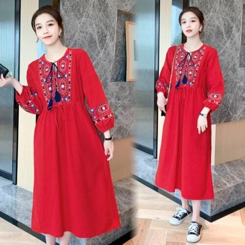 2021 Autumn Chinese Cheongsam Maternity Cotton Embroidery Tassel Dresses Long Lantern Sleeve Pregnant Women Long Loose Blouses